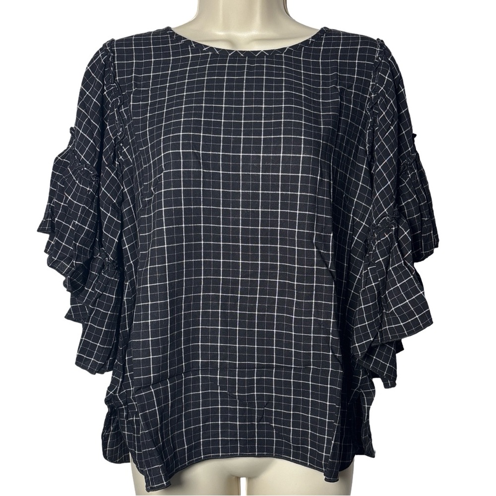 LOFT Women’s Black and White Checkered Top Tiered Bell Sleeves Size Small - Picture 1 of 5